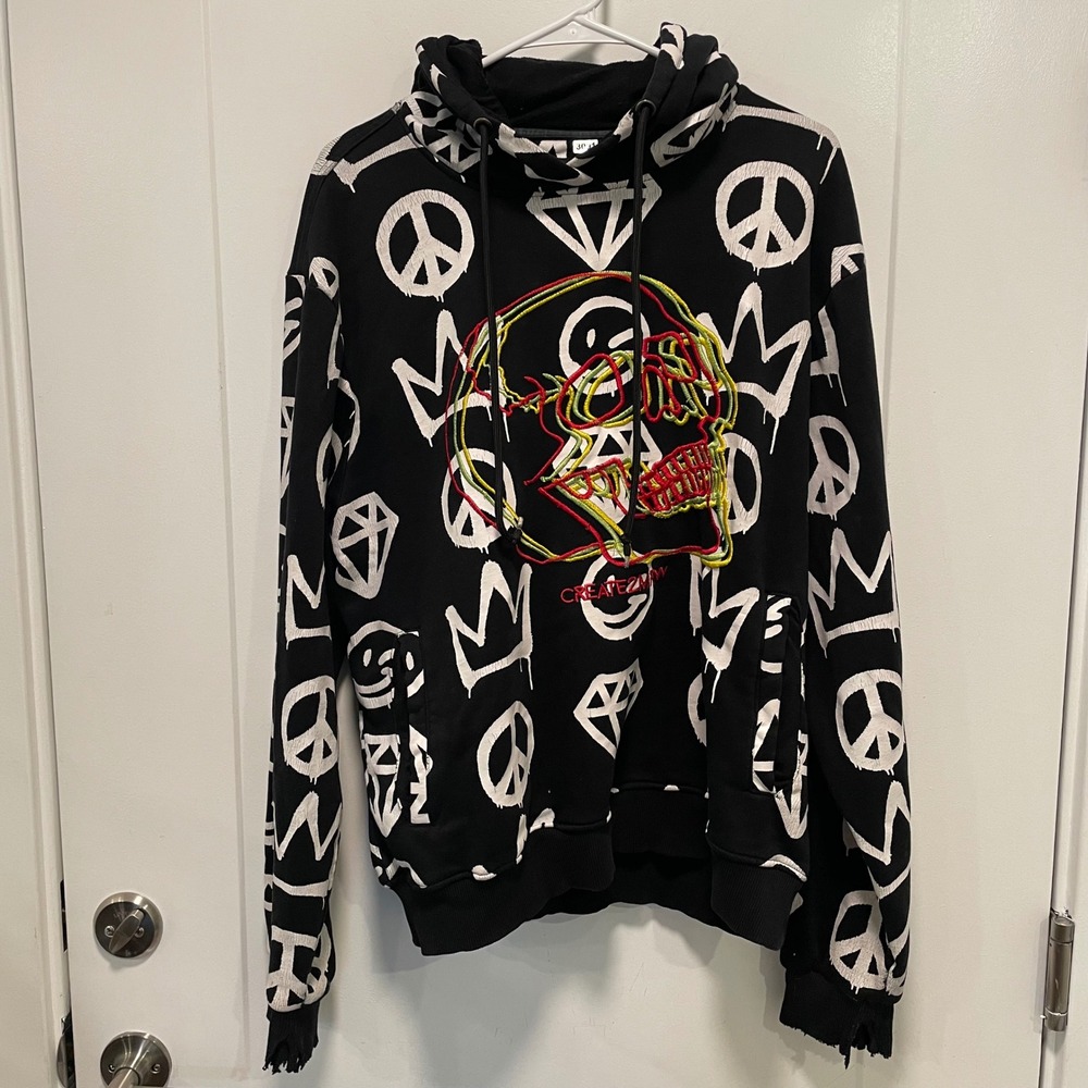 Create 2MRW Mens XL Black Graffiti Skull Embroidered Hoodie Peace Crown Diamond
